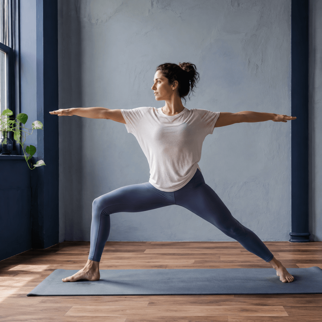 Student moving through a grounded yoga shape in the north-lit Sundren studio