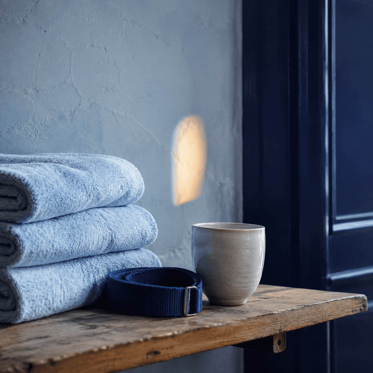 Folded blue towels, a ceramic tea cup and an indigo strap on reclaimed timber