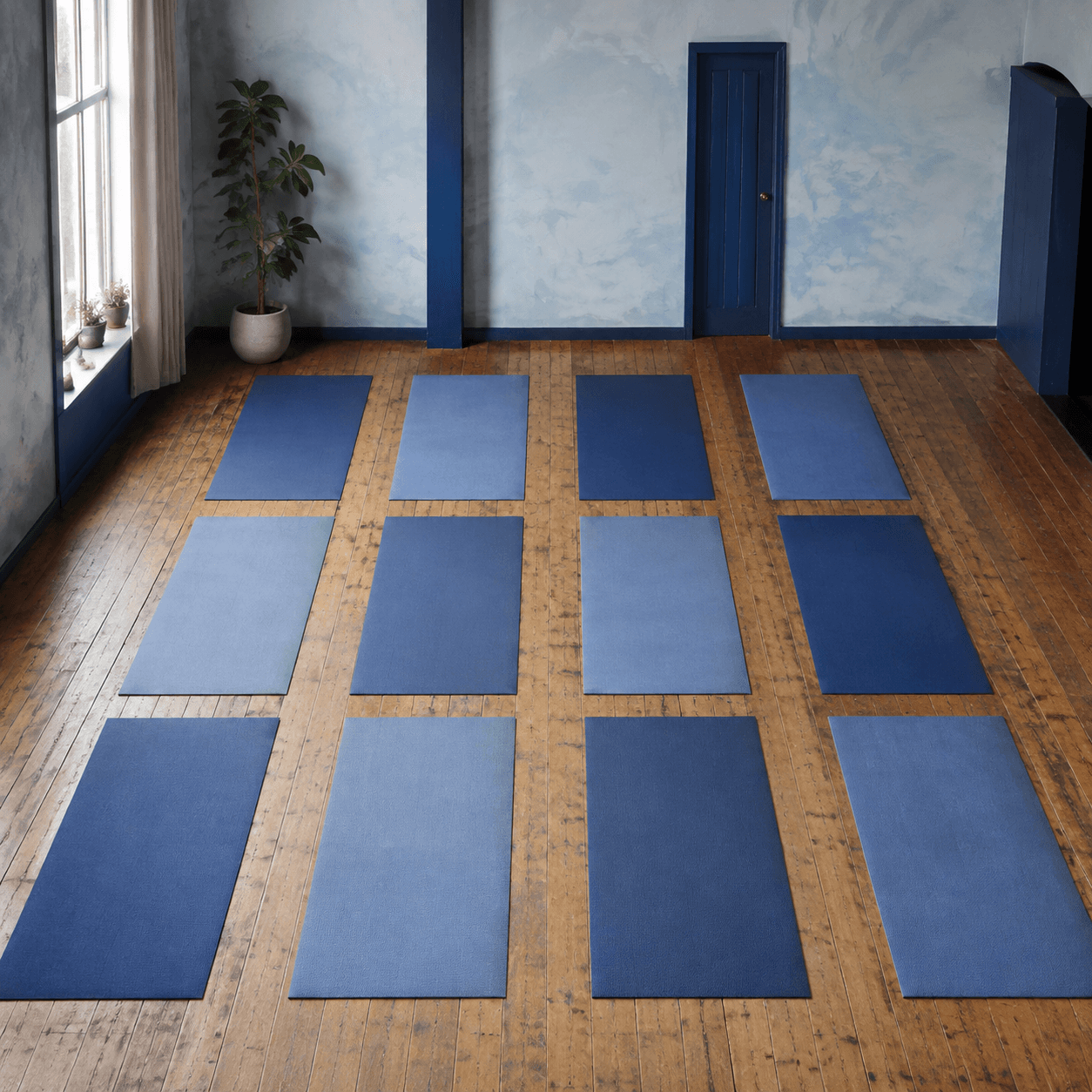 Twelve blue studio mats arranged in a precise four-by-three grid