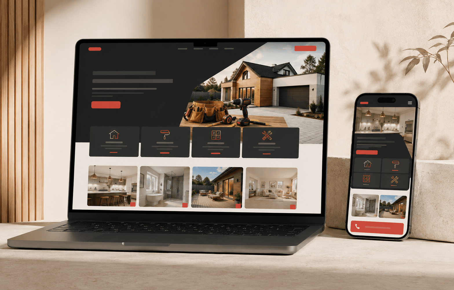 Concept of a trade services website displayed on laptop and mobile screens