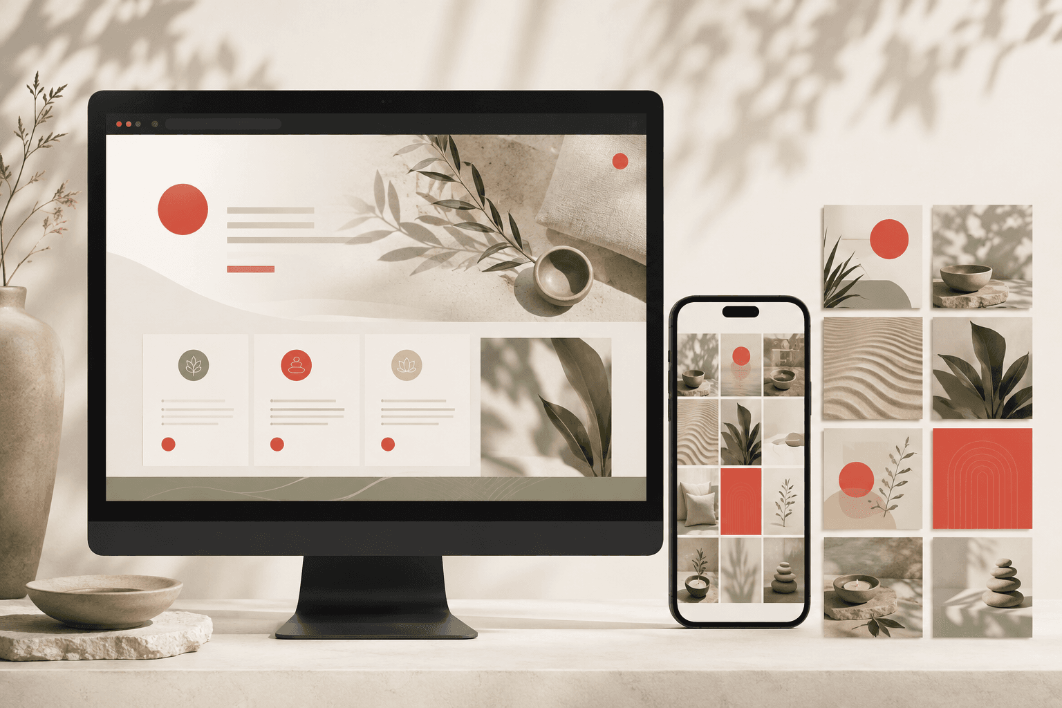 Concept of a wellness website and coordinated social content displayed on devices