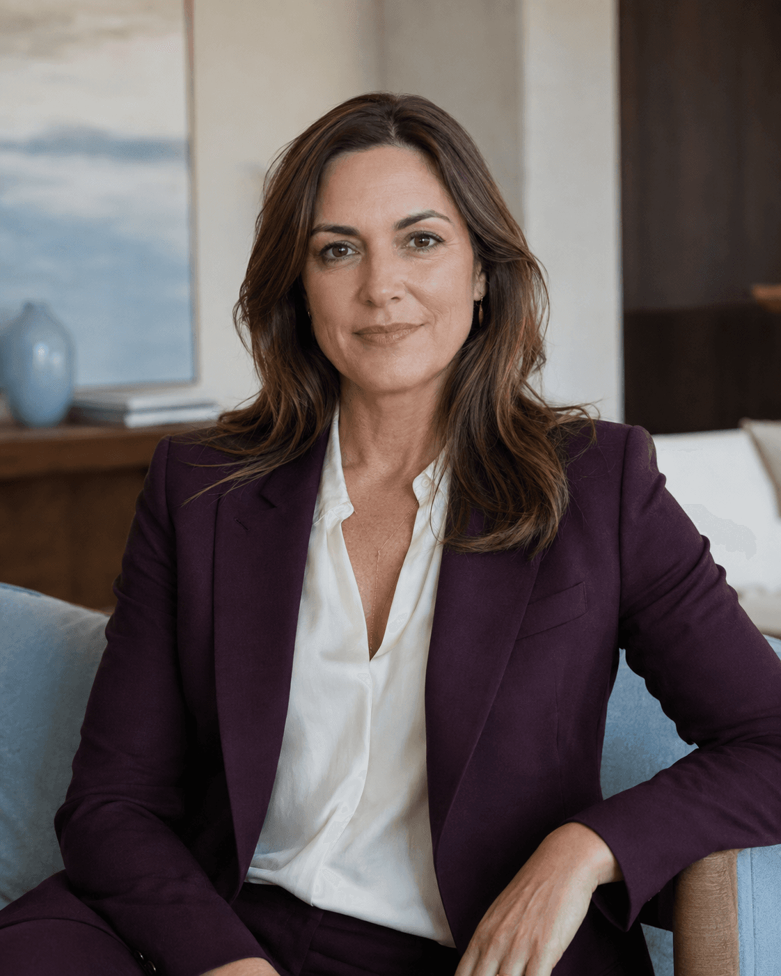 Fictional lead property advisor Clara Alder wearing a deep-plum suit in a warm residential interior