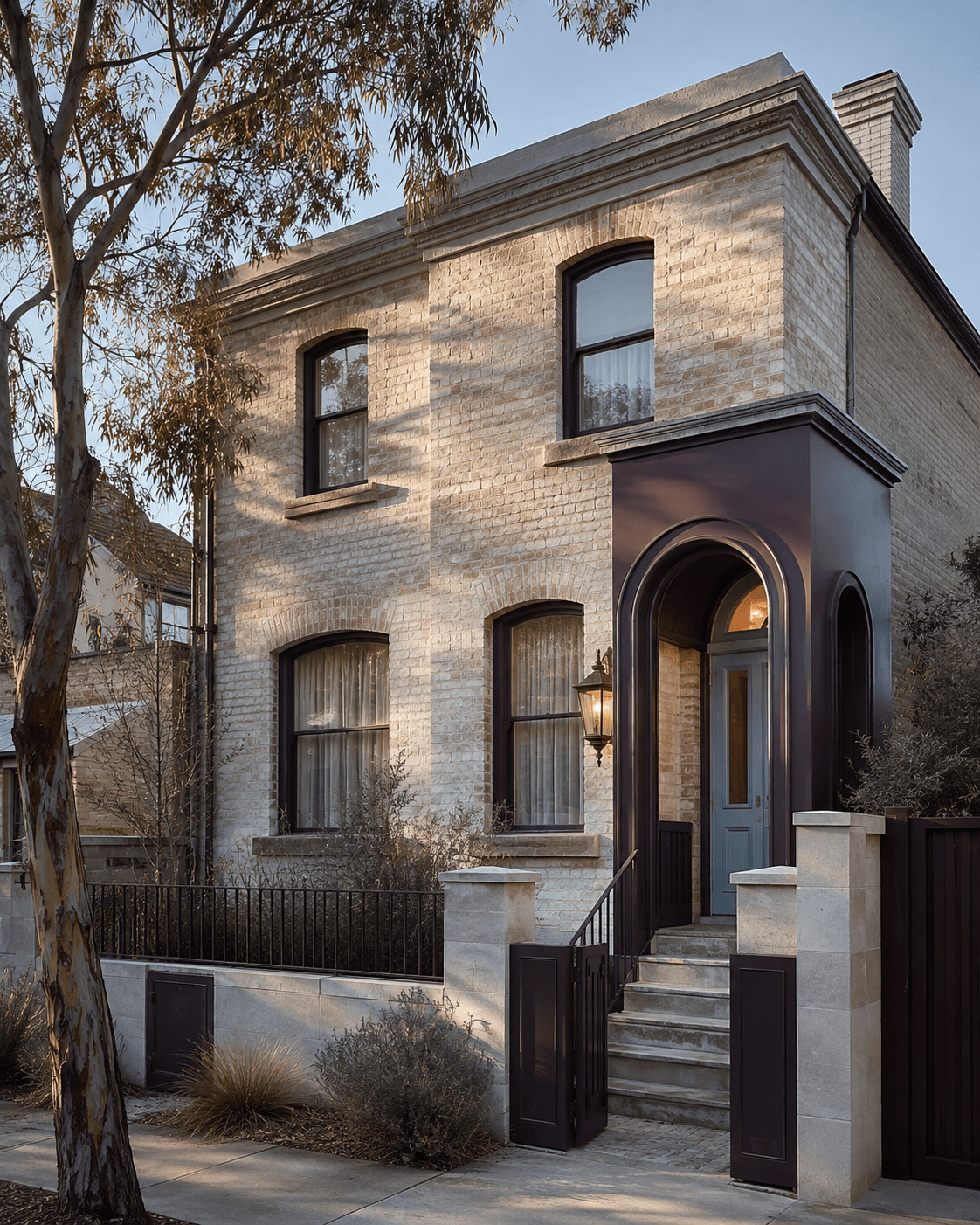 Renovated inner-Melbourne residence with pale brick, a sculptural arched entry and a powder-blue door