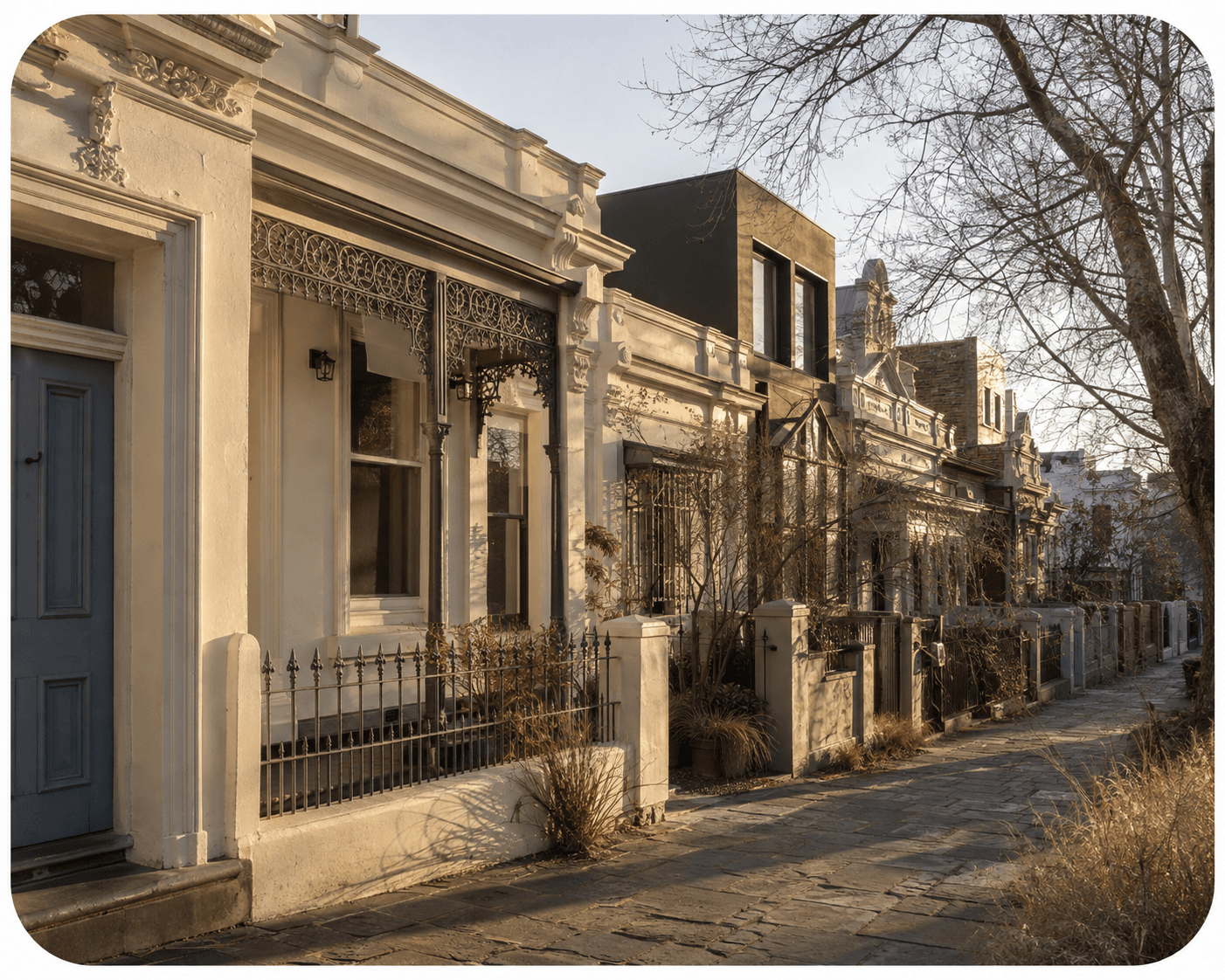 Carlton North streetscape of heritage terraces, plum ironwork and a bluestone footpath in afternoon light