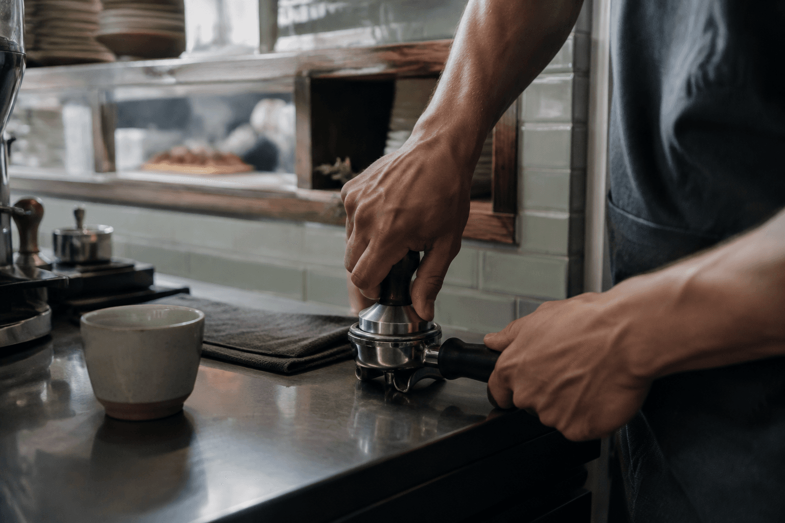 Barista tamping fresh espresso beside the café kitchen pass