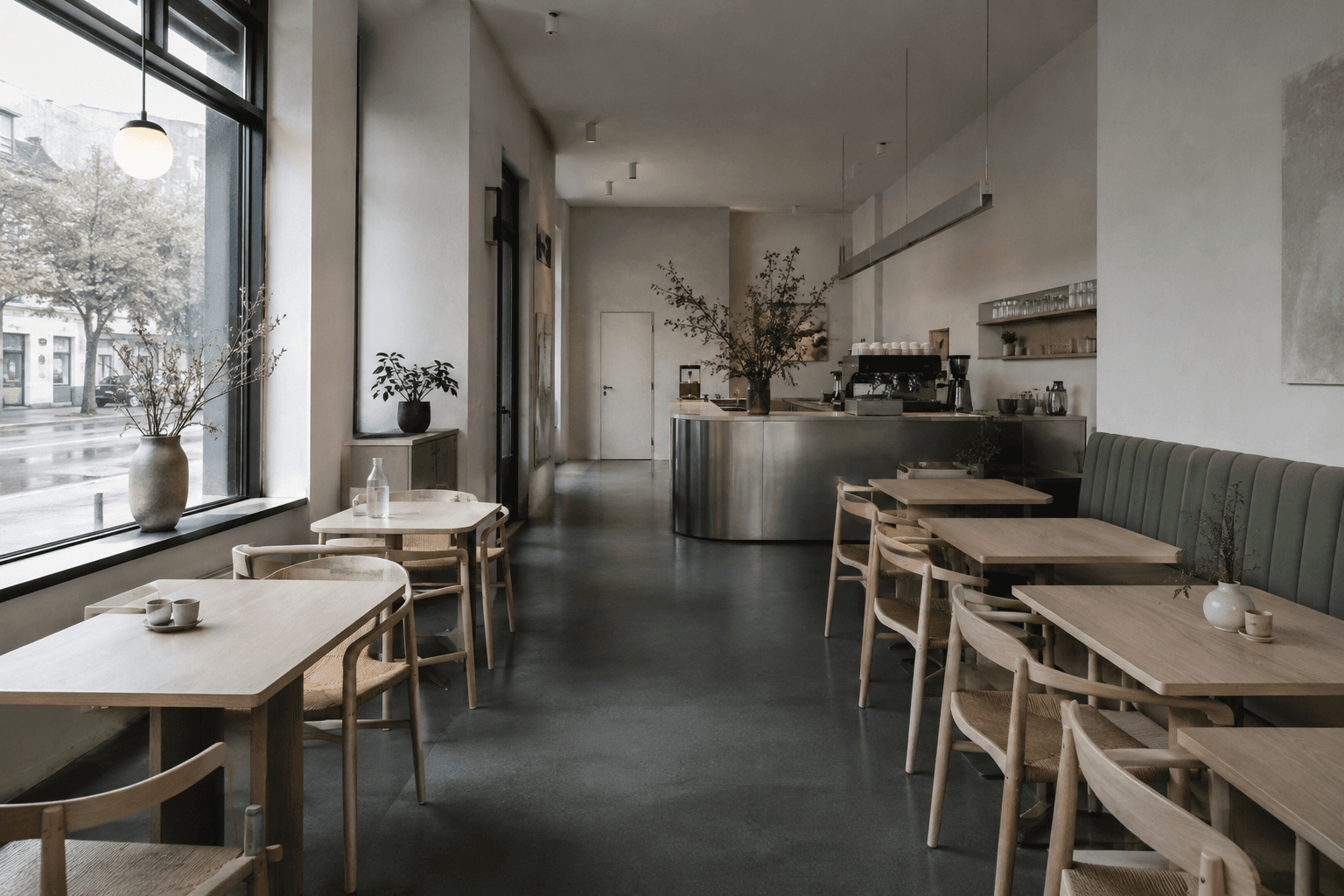 Morrow café interior with pale timber tables, sage seating, and a stainless steel counter