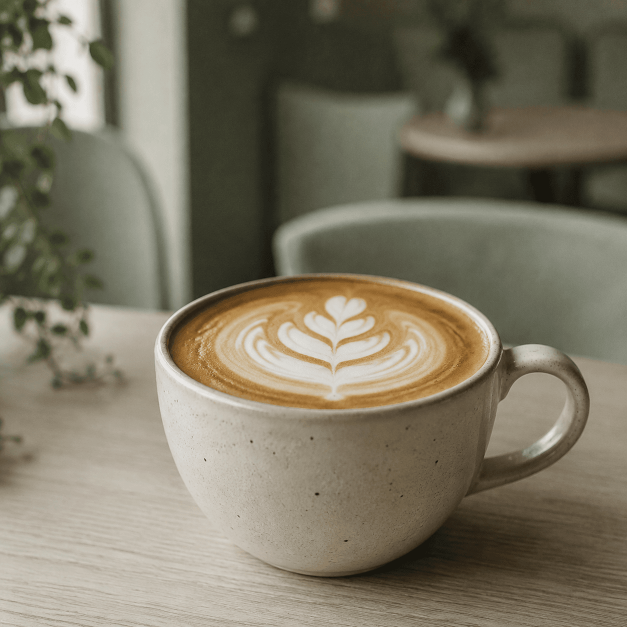 Flat white with leaf latte art in a handmade ceramic cup