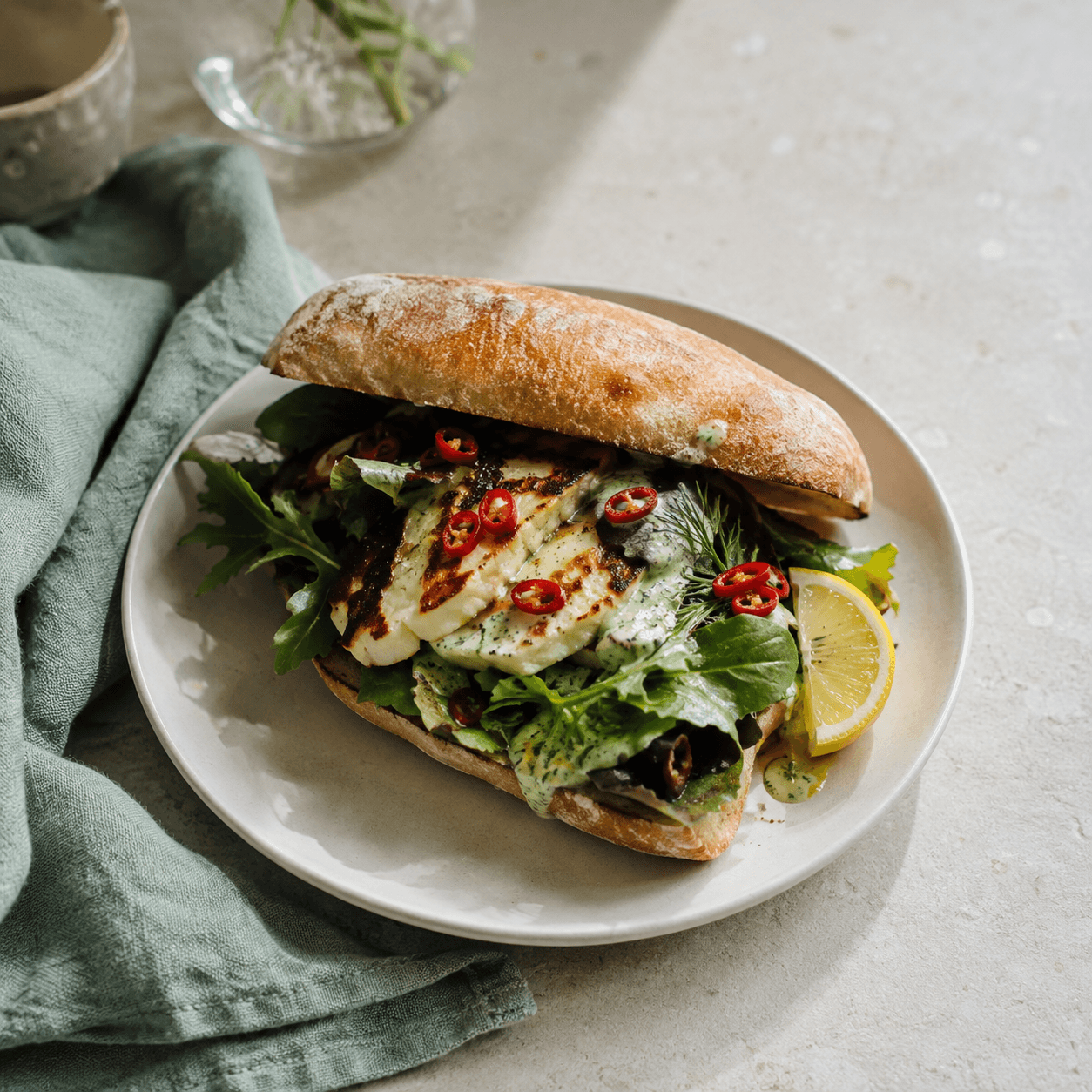 Grilled halloumi and seasonal greens roll served on a ceramic plate