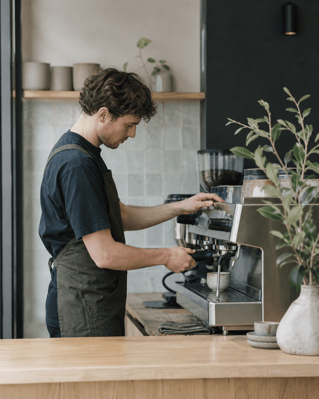 Barista preparing coffee at the espresso machine in Morrow's sage and timber café