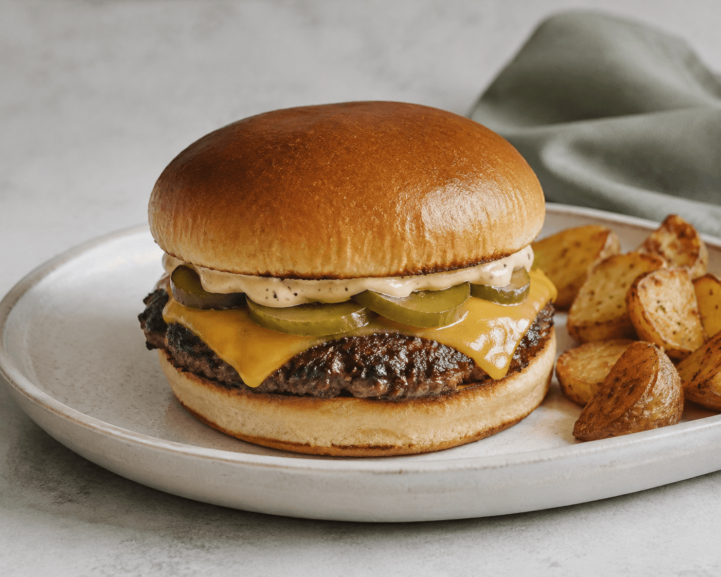 Morrow cheeseburger with cheddar and pickles served with roasted potatoes